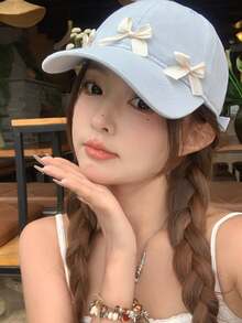 1件甜美女孩淺藍色軟頂棒球帽，附兩朵緞面蝴蝶結裝飾，防風防曬，適合旅行、購物與校園穿搭 - 多色 - 查看 3