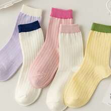 5 Pairs Vertical Striped Candy Color Socks, Spring/Summer Thin Japanese Style Fresh Solid Color Minimalist Colorblock Versatile Mid-Calf Socks - Multicolor - View 4