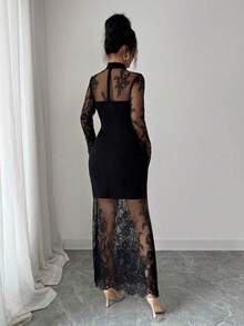 Nuevo vestido elegante y sexy de manga larga con encaje calado, ceñido a la cintura, de corte ajustado tipo sirena, de alta gama y elástico, - Champán - Ver 3
