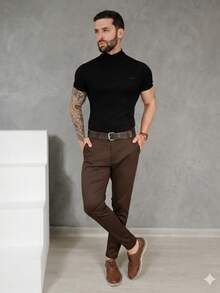 Men's Smart Casual Trousers, Premium Satin Fabric, Tailored Style, Welt Pockets - 鏽棕色 - View 2