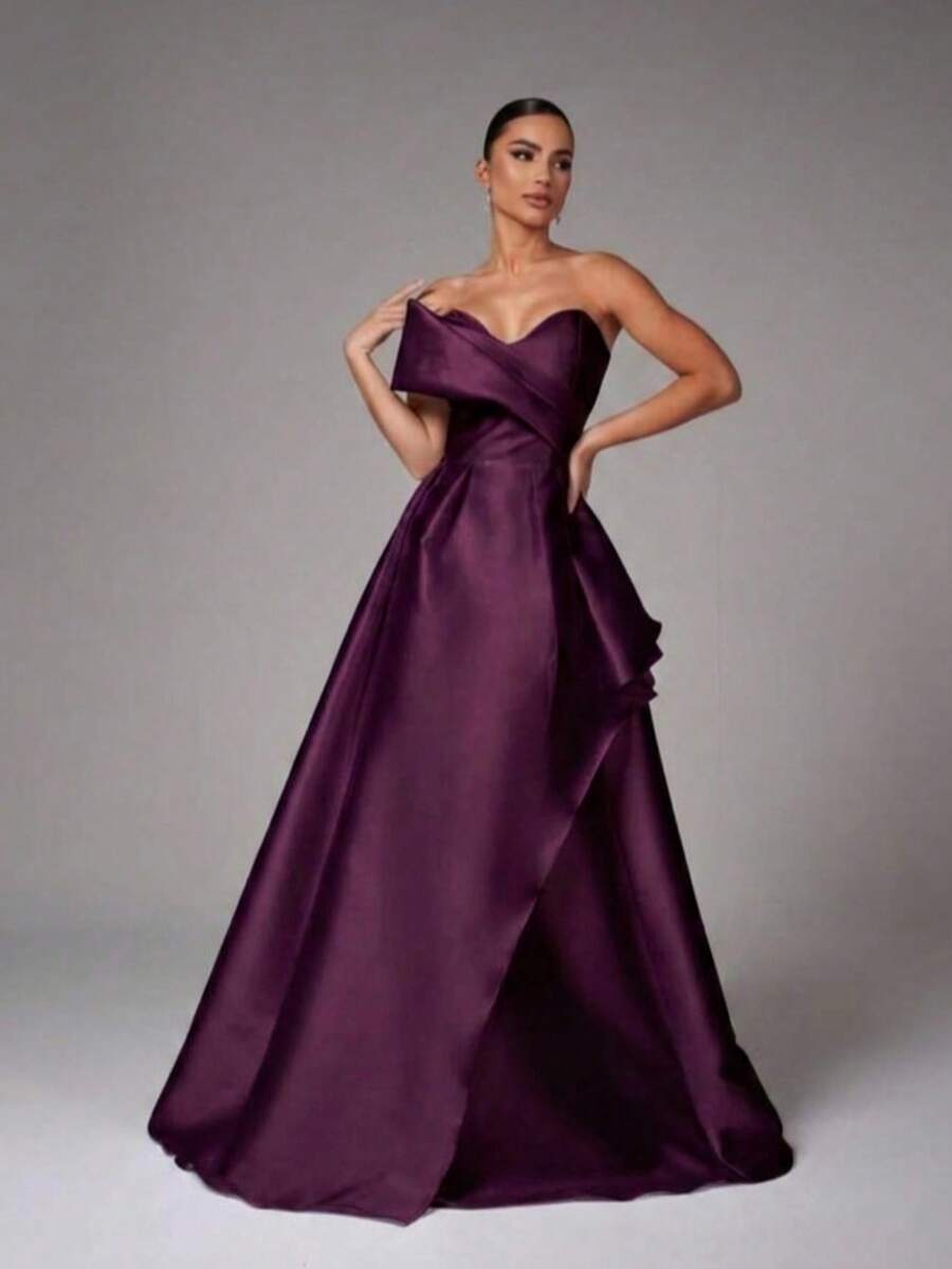 Elegant, Conservative Strapless Princess Dress For Weddings Or Graduation Parties. - Eggplant - View 1