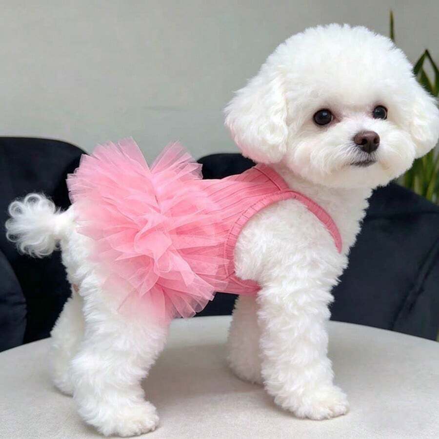 1pc Pet Princess Dress, Pink Mesh Design, Soft And Comfortable, Cat And Dog Photo Outfit, Cute Pet Clothing, Suitable For Small Dogs, Medium Dogs And Cats, Birthday Party Costume - Pink - View 1