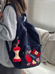 可愛蘋果刺繡小背包，適合學生上學與通勤的多功能小後背包，大容量主隔層可輕鬆收納課本、平板與日常必需品，無論上學、通勤、週末購物或短途旅行，都是不可或缺的時尚伴侶，無吊飾 - 彩色 - 查看 2