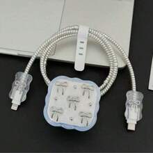 銀色蝴蝶結/櫻桃/花朵設計 防刮耐摔 Apple 20W 英國插頭充電器保護套 相容 iPhone 數據線保護套 - 無色 - 查看 4