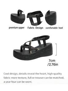 Women's New Textured Material Gold Trim Patchwork Sandals, Spring/Summer Essential All-Match, Daily, Boho - Black - View 8