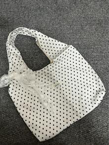 日韓風小眾設計 Ins 風蕾絲民族風波點肩背托特包，藝術清新仙女布包，單肩手提包，通勤、出遊、日常購物大容量托特包 - 白色 - 查看 5