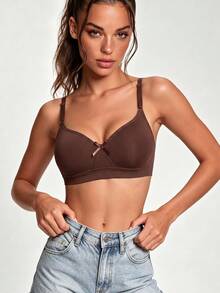 1pc Women's Comfortable Wireless Soft Cup Solid Color Cotton Sleep Bra - Coffee Brown - View 3