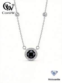 ConiiW 925 Sterling Silver 1ct Round Moissanite Classic Pendant Necklace - Black - View 2