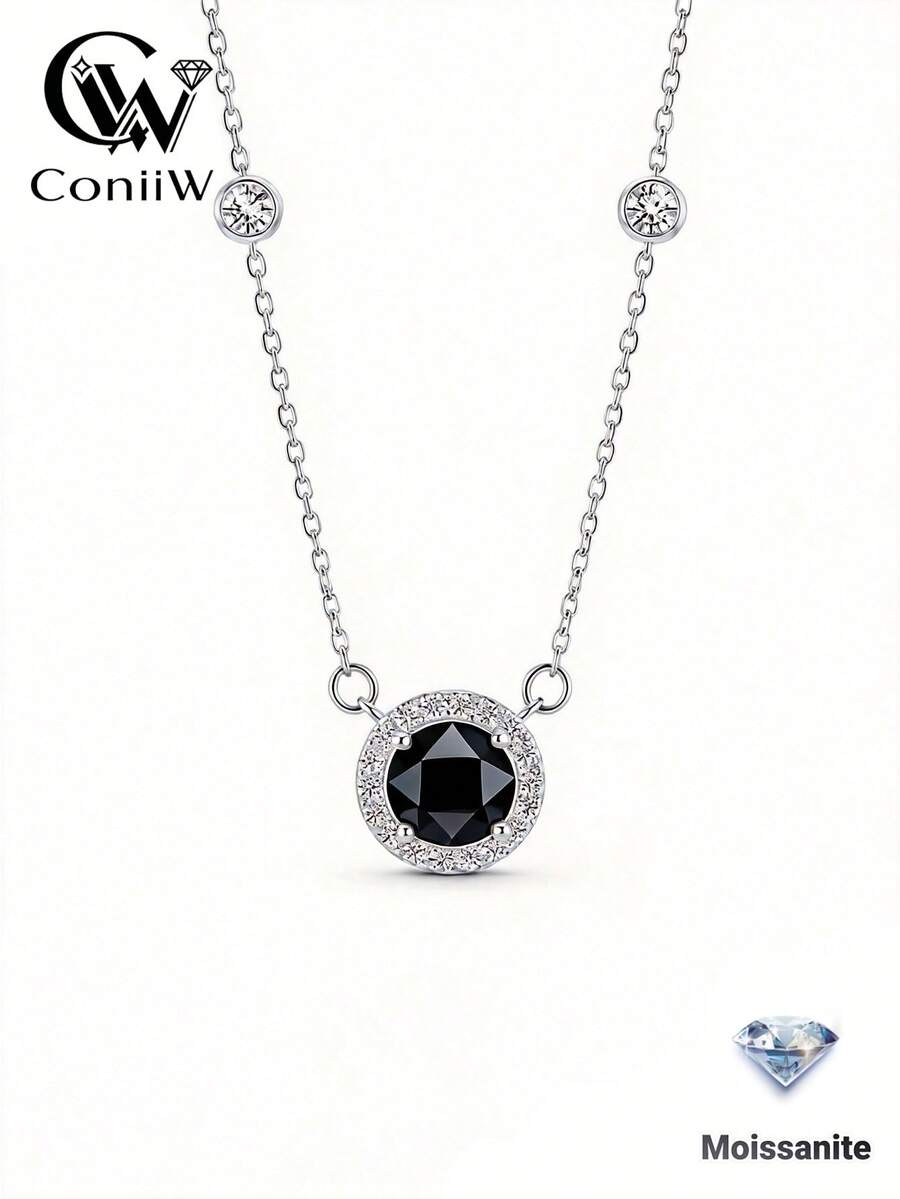 ConiiW 925 Sterling Silver 1ct Round Moissanite Classic Pendant Necklace