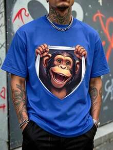 Men's Loose Fit T-Shirt, 3D Optical Illusion Illustration Of A Happy Smiling Chimpanzee Holding The Edges, Short Sleeve T-Shirt, Casual Youth Streetwear Style. - 藍色 - 查看 1