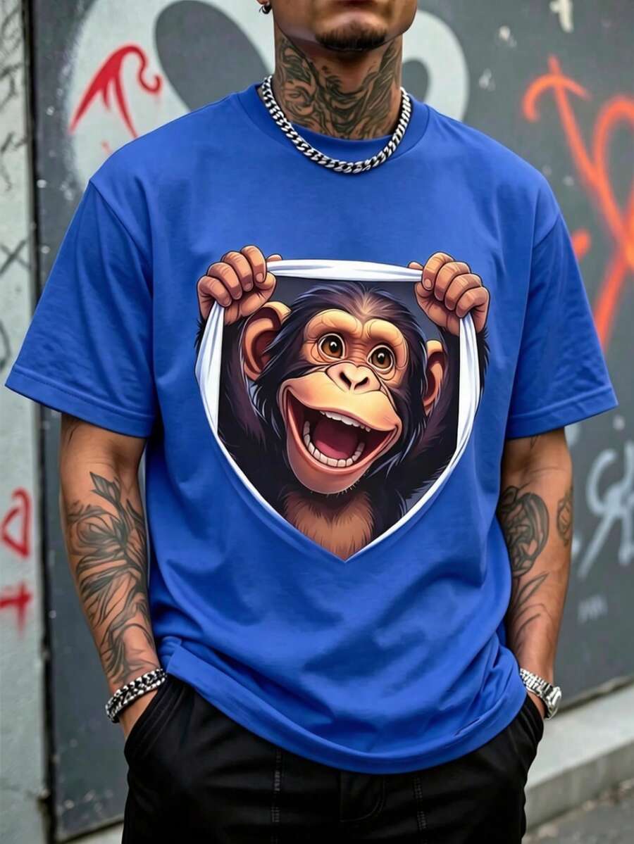 Men's Loose Fit T-Shirt, 3D Optical Illusion Illustration Of A Happy Smiling Chimpanzee Holding The Edges, Short Sleeve T-Shirt, Casual Youth Streetwear Style. - 藍色 - 查看 1