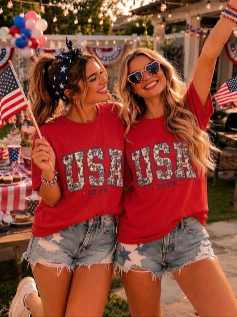 Floral USA Shirt, Retro America Shirt, 4th Of July PNG, 4th Of July, Retro USA ,Soft Cotton, Unisex Fit, Classic Design-Loose-Fit Easy Relaxed Styl - 紅色 - 查看 1