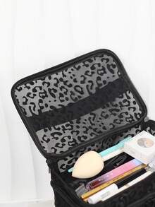 Bolsa de maquillaje de doble capa con estampado de leopardo en malla negra minimalista de moda, gran capacidad, multifuncional, diseño conveniente con asa única y múltiples bolsillos, bolsa de almacenamiento plegable con compartimentos - Negro - Ver 4