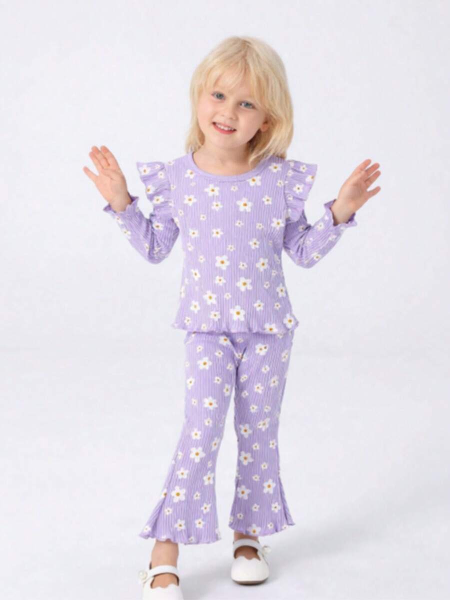 Conjunto informal de niña con pantalón acampanado de manga larga con estampado de flores y volantes floreados - Morado - Ver 1