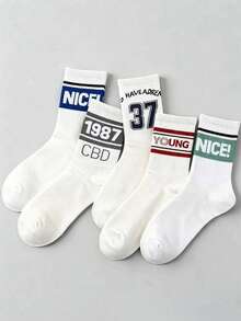 1/5 Pairs Unisex Letter & Number Mid-Calf Socks, Comfortable Breathable Sports Socks, Suitable For Back To School, Sports, Daily Wear, All Seasons - Multicolor - View 4