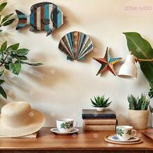 1 Set Colorful Ocean Art - Wooden Fish - Shells - Starfish Farmhouse Style Decor - One Size Fits All - View 4