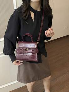女款正方形手提包，時尚極簡復古優雅 PU 鱷魚壓紋布料，斜跨包，適合女性、女孩、大學生，購物、通勤，酒紅色 - 酒紅色 - 查看 6