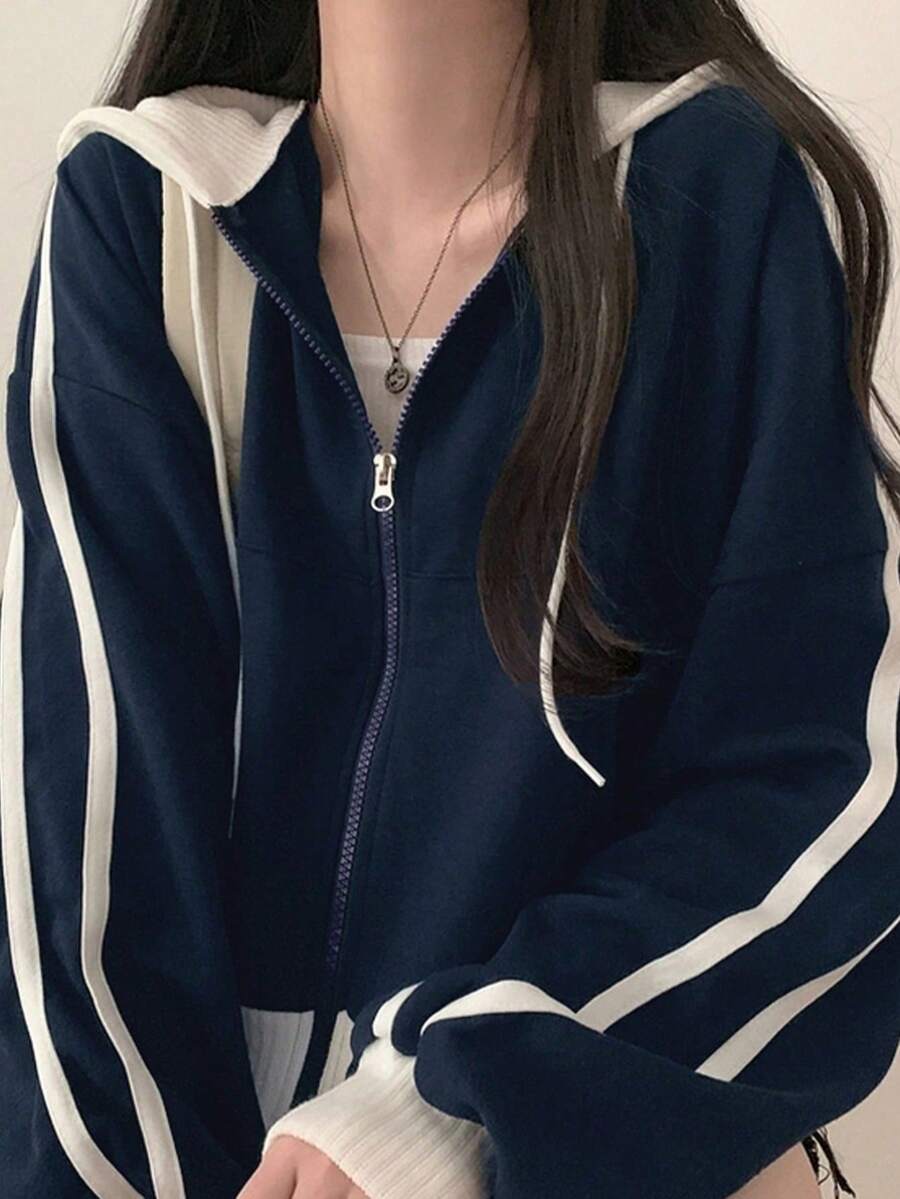 YCYC Korean Style Women's Sweatshirt, Early Spring Autumn Winter Patchwork Colorblock Sporty Casual Top Jacket - Navy Blue - View 1