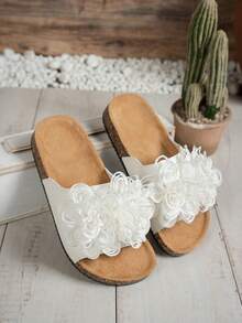 Sandalias tipo slide de plataforma de corcho con strass, doble hebilla y punta abierta para mujer - Blanco - Ver 5