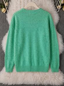 Green V Neck Drop Shoulder Long Sleeve Soft Knit Pullover Women Elegant French Casual Daily Commute Halloween Christmas New Year Fall Winter Vacation - Green - View 2