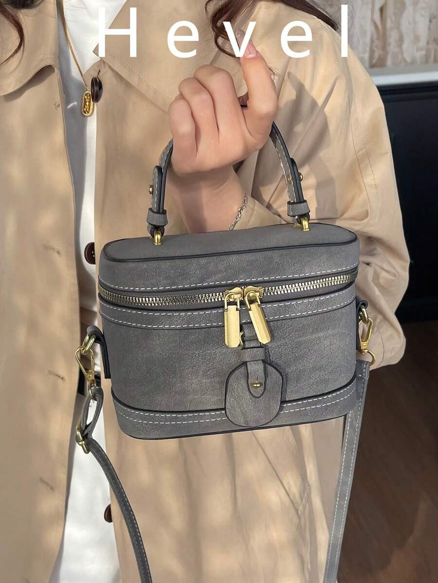 Hevel 1件女款迷你手提包，方盒造型時尚純色鱷魚壓紋斜挎包，適合收納卡片與鑰匙，女包