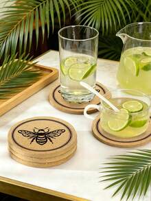 6/3/1pc Round Bee Print Cork Coasters, Heat-Resistant Wooden Beverage Cup Mats, Absorbent Non-Slip Coffee Tea Cup Insulation Pads, Vintage Farmhouse Style Home Kitchen Bar Decor, Housewarming Gift Home Supplies - Multicolor - View 4