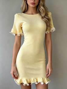 2026 New Short Sleeve Ruffle Knit Dress, Slim Fit, Solid Color, Summer Clothes For Women. - Yellow - View 3