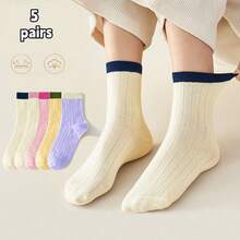 5 Pairs Vertical Striped Candy Color Socks, Spring/Summer Thin Japanese Style Fresh Solid Color Minimalist Colorblock Versatile Mid-Calf Socks - Multicolor - View 1