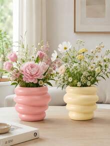 1pc Macaron Color Glossy Vase, Stacked Ripple Design Modern Minimalist Decorative Vases For Floral Arrangement, Living Room Table Decor - Honey Jar - View 2