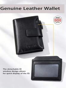 Dompet Pria Kulit Asli Klasik, Pemblokiran RFID, 12 Slot Kartu, 2 Kompartemen Uang Kertas, 1 Kantong Koin dengan Resleting, 2 Slot Kartu SIM - Hitam - View 5