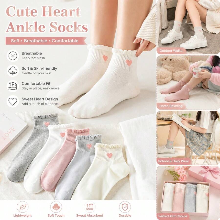 5 Pairs Korean Style Ins Minimalist Coffee Color Heart Pattern Non-Slip Breathable Lace Ankle Socks, Breathable Casual Ankle Socks, Unisex, Soft And Comfortable Daily Wear Short Socks, Random Color - Heart-shaped Socks - View 1