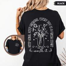 Maglietta Vintage® Keep Going, maglietta floreale da donna per la salute mentale, frase positiva, gentilezza, affermazione, regalo motivazionale, regalo per l'amore per se stessi, top estivi - nero - Visualizzare 1
