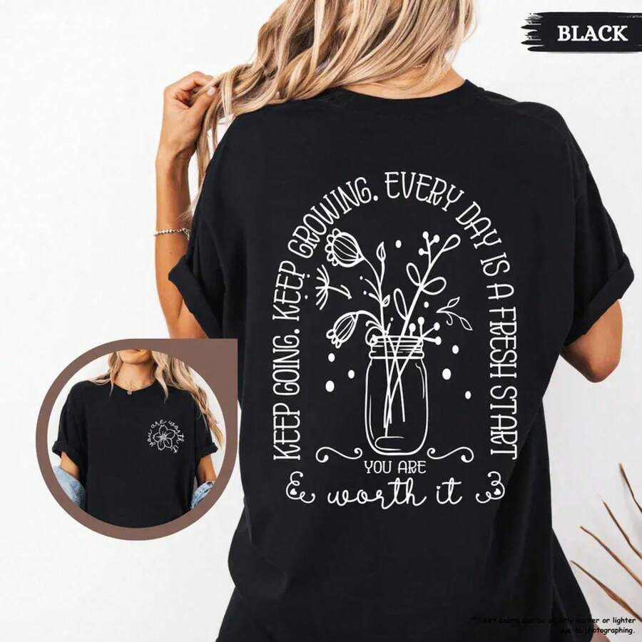 Maglietta Vintage® Keep Going, maglietta floreale da donna per la salute mentale, frase positiva, gentilezza, affermazione, regalo motivazionale, regalo per l'amore per se stessi, top estivi - nero - Visualizzare 1