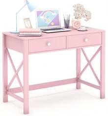 WiberWi - Escritorio, mesa de estudio para oficina en casa con cajones, mesa para escribir en computadora, pequeña para usar como tocador, maquillarse para recámara, niñas, color rosa - Rosado - Ver 1
