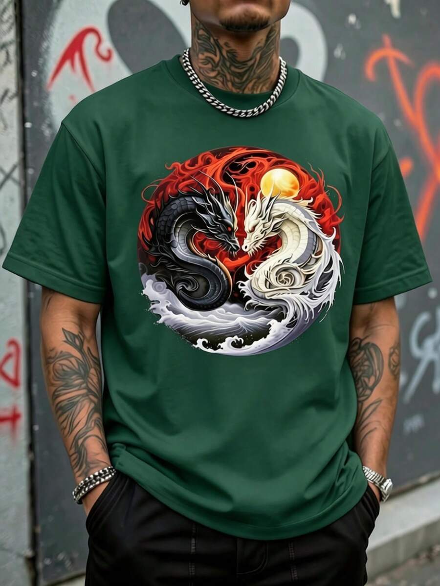 Men's Loose Fit T-Shirt, Realistic Illustration In Oriental Art Style In Yin Yang Circle, A Black Dragon With Red Flames And Golden Sun. - 綠色 - 查看 1