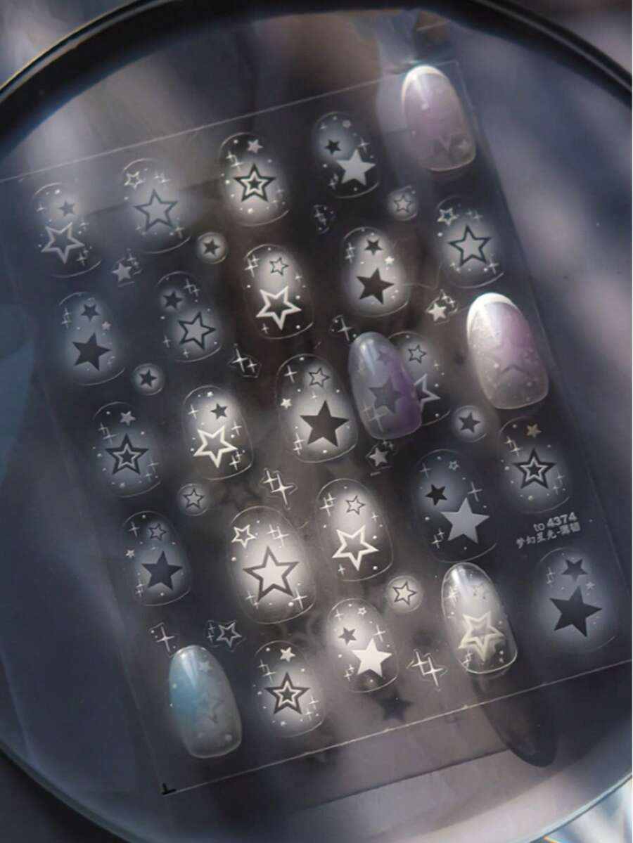 星空舒緩美甲貼紙,秋季感恩節 Y2K 銀河美甲貼花,鏤空雙星微閃點綴法式邊框圖案,自黏防水可重複使用 DIY 美甲裝飾,適合日常佩戴與派對美甲,1 張 - 白色 - 查看 1