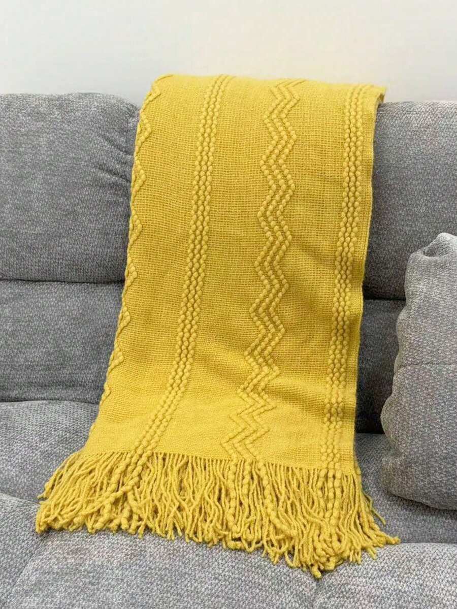 1pc Wavy Pattern Acrylic Knit Throw Blanket, Nordic Style Rectangular Solid Color Sofa Cover Bed Decorative Blanket Nap Blanket With Tassels - Yellow Vertical Three-curve Stripes - View 1