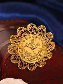 1pc Vintage Palace Style Women's Ring, Floral Hollow Carved Design With Ottoman Coin, Extra Wide Band, Jewelry Accessory For Women's Wedding And Banquet - Gold - View 7