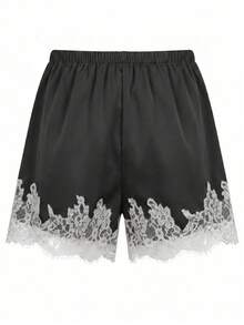 Satin Lace Trim Casual Wide Leg Shorts For Women, Autumn New High Waist Straight Leg Versatile Hot Pants - Black - View 3