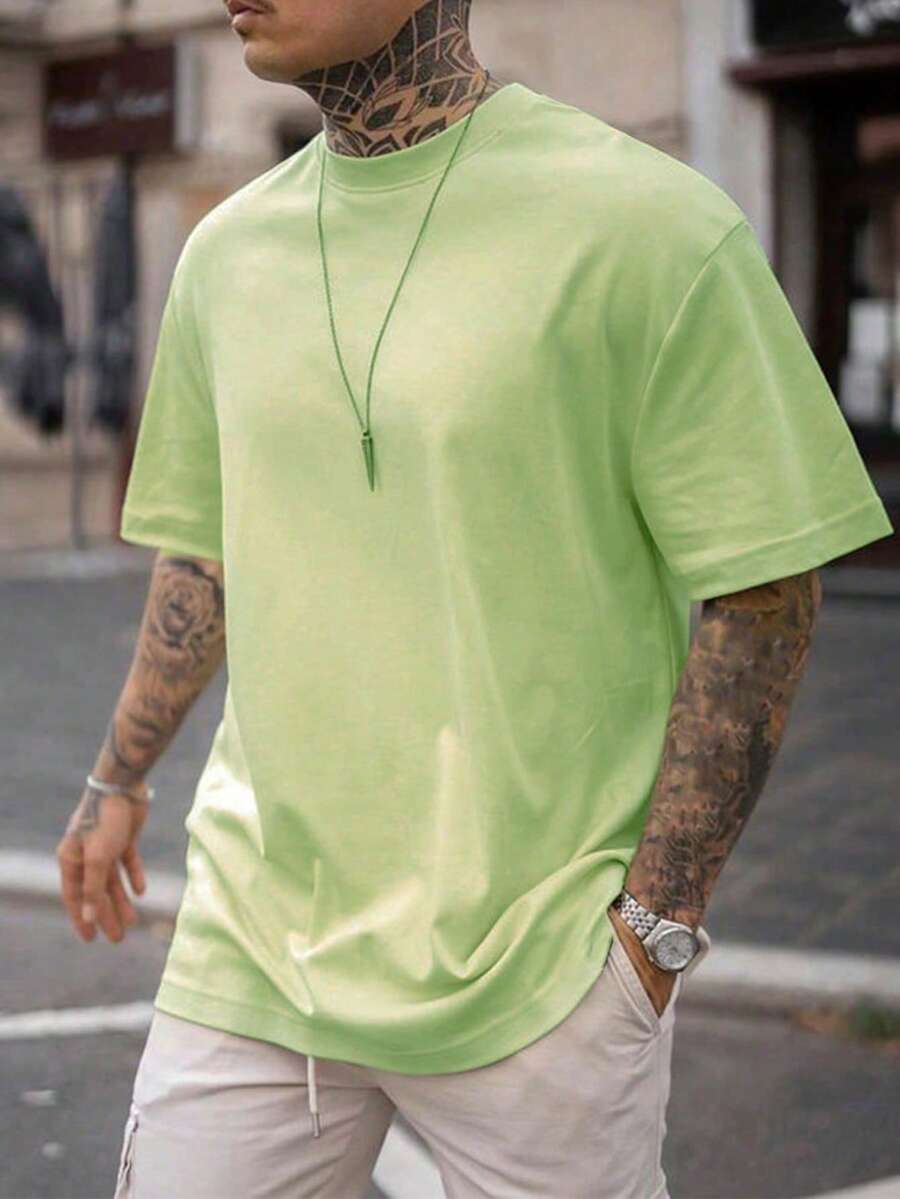 Men's Solid Color Low Elasticity Minimalist Summer Versatile Lightweight Loose Breathable Short Sleeve T-Shirt, Sports Tops - Mint Green - View 1