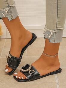 Women's Rhinestone Metal Buckle Square Toe Low Heel Flat Sandals French Fashion Summer Daily Wear Black Slides Plus Size - Black PU - View 4