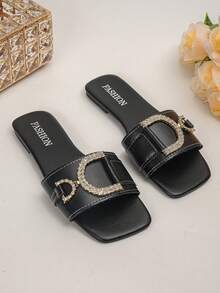 Women's Rhinestone Metal Buckle Square Toe Low Heel Flat Sandals French Fashion Summer Daily Wear Black Slides Plus Size - Black PU - View 6