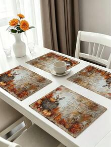 Autumn Harvest Festival Rabbit Maple Leaf Pumpkin Heat-Resistant Placemats, Hello Autumn Thanksgiving Linen Placemats, Stain-Resistant Placemats, Suitable For Home Dining Room And Restaurant, Table Decor, Home Supplies 4pcs/6pcs - Multicolor - View 2