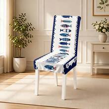 1/4/5/6/7pcs Blue And White Cartoon Fish Ocean Pattern Printed Chair Covers/Chair Slipcovers Set, Suitable For Indoor Home, Restaurant, Hotel, Ideal Choice For Modern Daily Decor. Tablecloth Fits Square Dining Table, Elastic Chair Covers Are Washable. - Multicolor - View 19