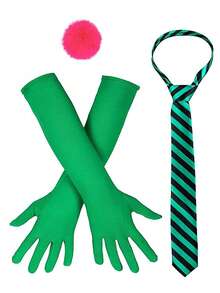 3 Stücke Halloween Froschkönig Kostümzubehör - gestreifte Krawatte, grüne lange Handschuhe, rosa Bommel. Cosplay Party Set. - Verschiedenfarbig - Übersicht 1