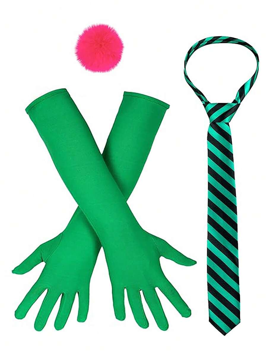3 Stücke Halloween Froschkönig Kostümzubehör - gestreifte Krawatte, grüne lange Handschuhe, rosa Bommel. Cosplay Party Set. - Verschiedenfarbig - Übersicht 1