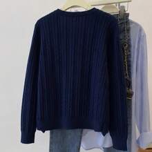 Cardigan Rajut Kabel Warna Navy untuk Wanita dengan Pita Bordir, Sweater Lengan Panjang Leher Bulat dengan Kancing Depan untuk Musim Gugur & Musim Dingin - Navy Blue - View 6