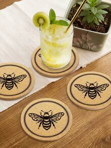 6/3/1pc Round Bee Print Cork Coasters, Heat-Resistant Wooden Beverage Cup Mats, Absorbent Non-Slip Coffee Tea Cup Insulation Pads, Vintage Farmhouse Style Home Kitchen Bar Decor, Housewarming Gift Home Supplies - Multicolor - View 6