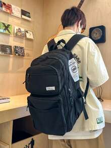 開學季新款男士後背包，15吋筆電包，20L容量，字母印花，適合學生假期與校園旅行，聚酯纖維材質，商務出差個性化禮物，實用大容量學生通勤包，冬季旅行包，假期筆電收納包，「Sports Life Bag」系列後背包，旅行必備，大容量校園包，春季學生包，大學包，情人節禮物，露營用品，假期必需品，露營裝備 - 黑色 - 查看 3
