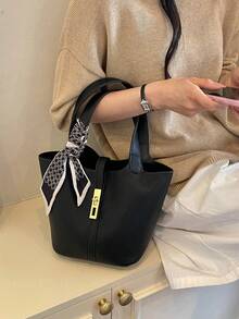 女款水桶包 時尚扣飾 優雅極簡 適合購物通勤商務 圍巾配色黑色包 - 黑色 - 查看 4